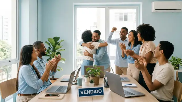 Equipe de imobiliária comemorando uma venda