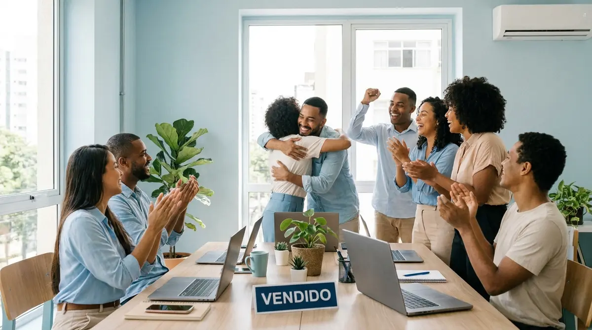 Equipe de imobiliária comemorando uma venda