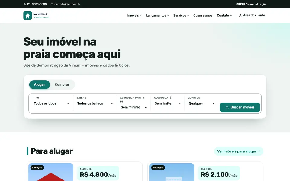Modelo Locação: página inicial no computador