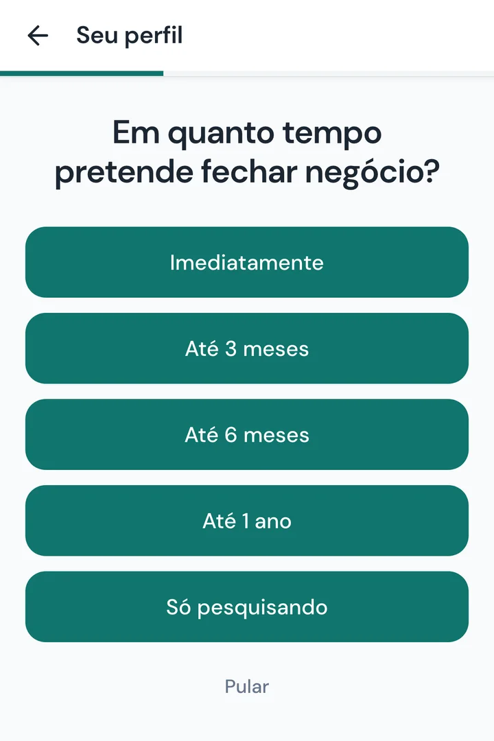 Tela 06: Em quanto tempo pretende fechar negócio?