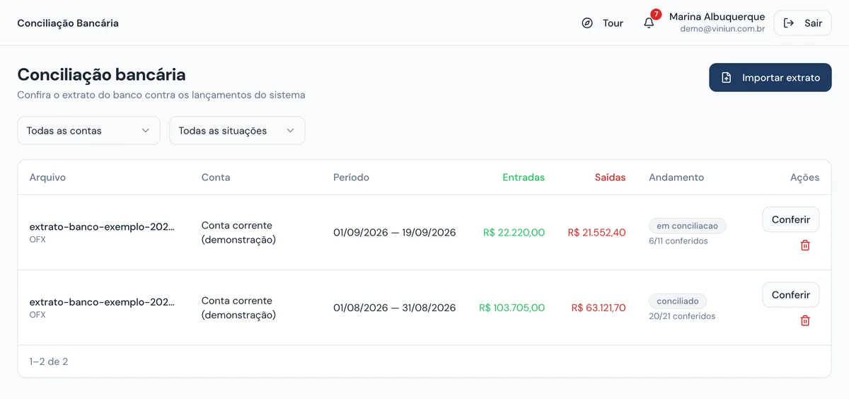 Tela de conciliação bancária com extrato importado