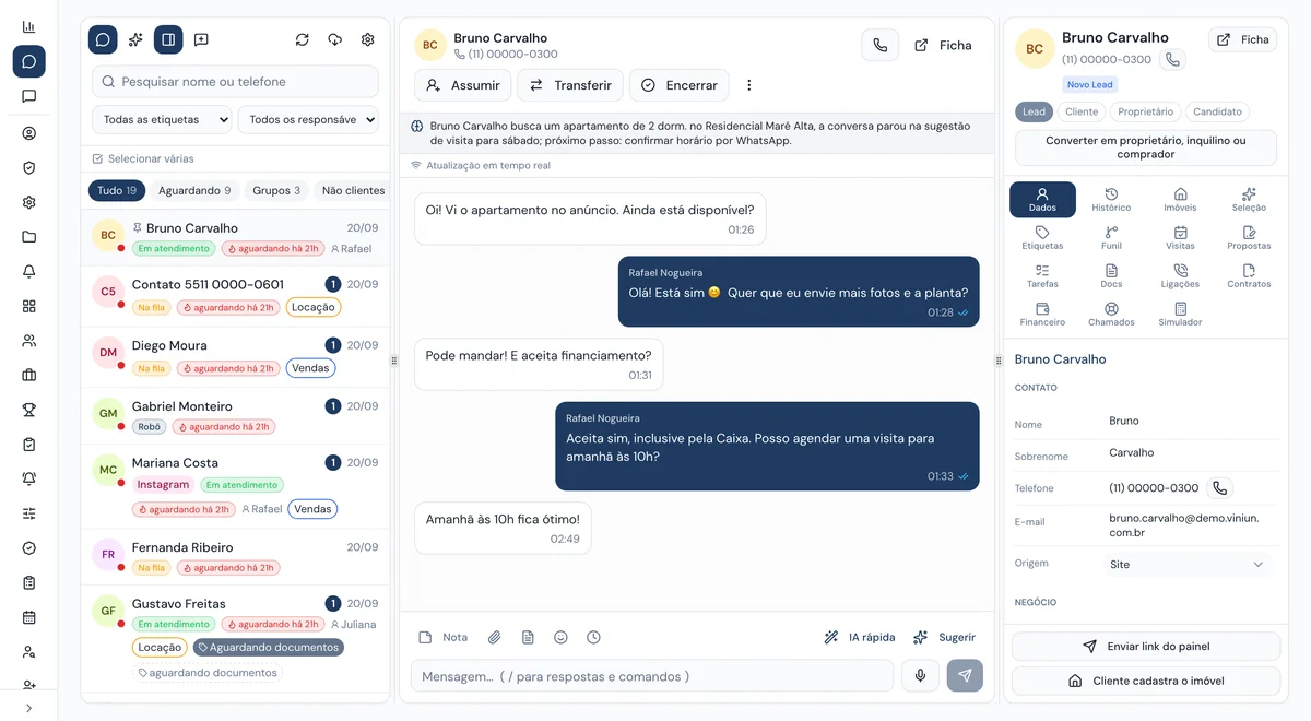 Caixa de entrada do WhatsApp da imobiliária, com a equipe atendendo pelo mesmo número